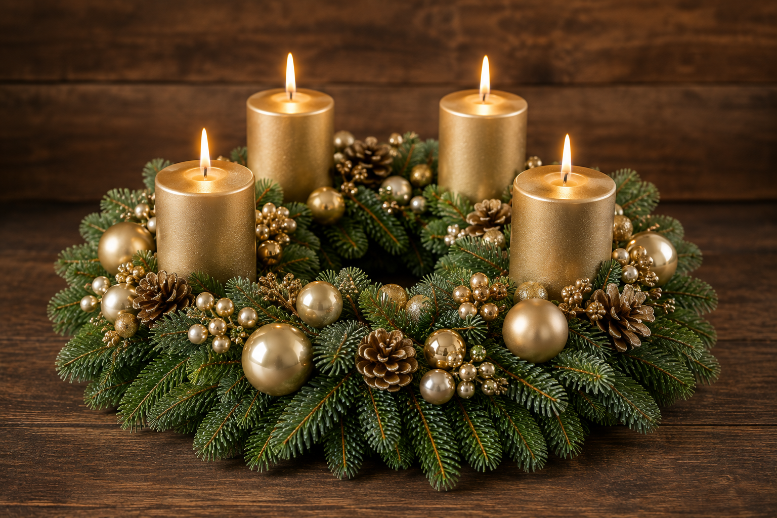 Adventskranz Champagner Gold mit vier gleichfarbigen Kerzen