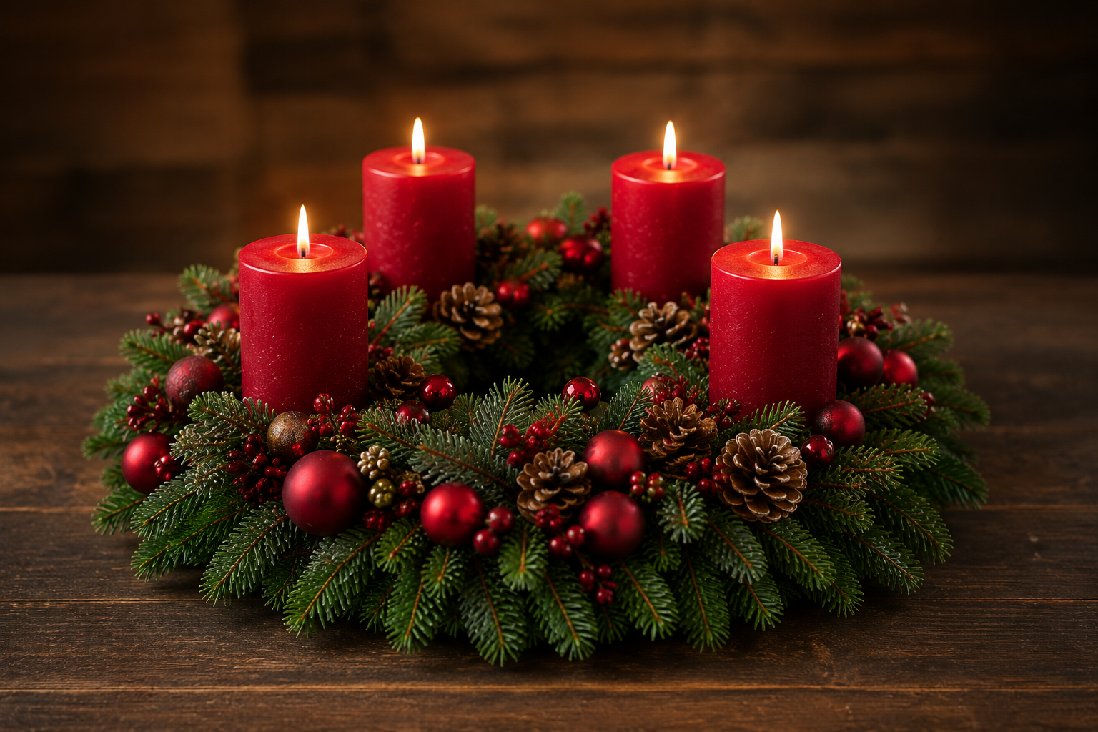 Adventskranz Klassik Rot mit vier roten Kerzen