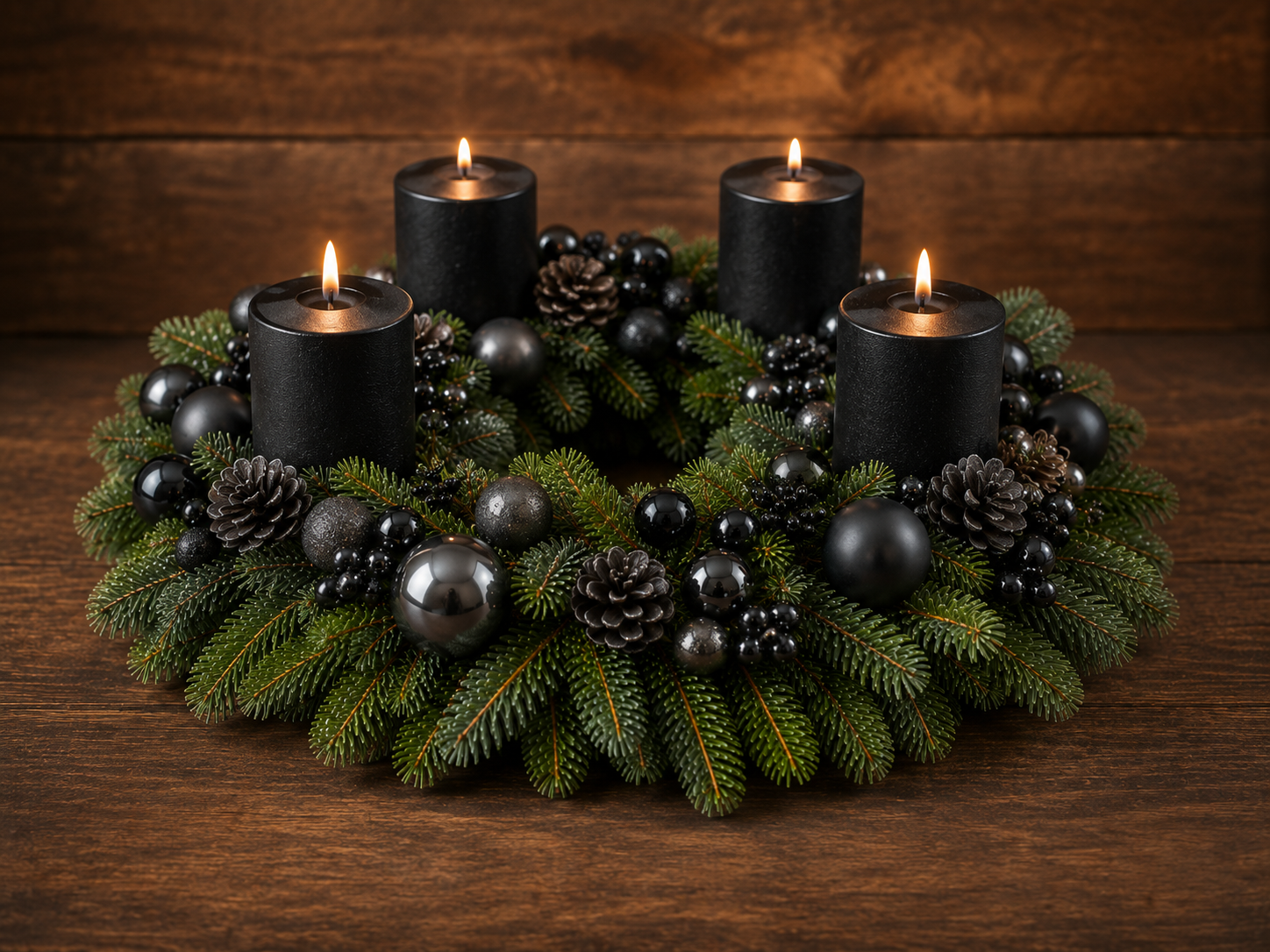 Adventskranz Modern Black mit vier schwarzen Kerzen